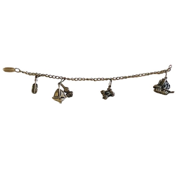 Antique Art Deco Metal Charm 7.￼25” Bracelet 5 Charms Ships Violin Binoculars - Picture 9 of 10